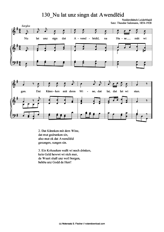 Nu lat unz singn dat Awendl id (Klavier + Gesang) (Klavier  Gesang) von Nedderd tch Leiderbladd Satz Theodor Salzmann 1854-1928 