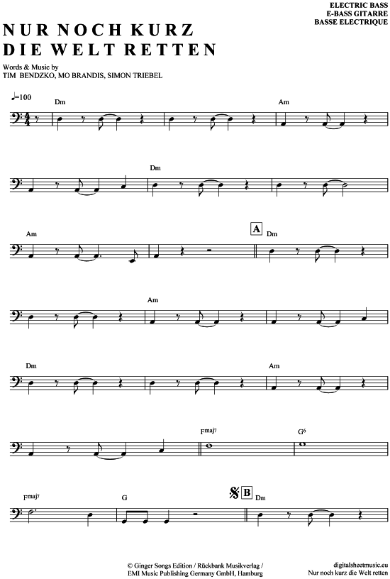 Nur noch kurz die Welt retten EBass PDF Noten von Tim Bendzko in A