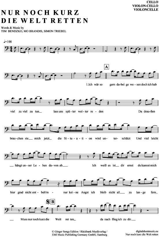Nur noch kurz die Welt retten ViolonCello PDF Noten von Tim Bendzko