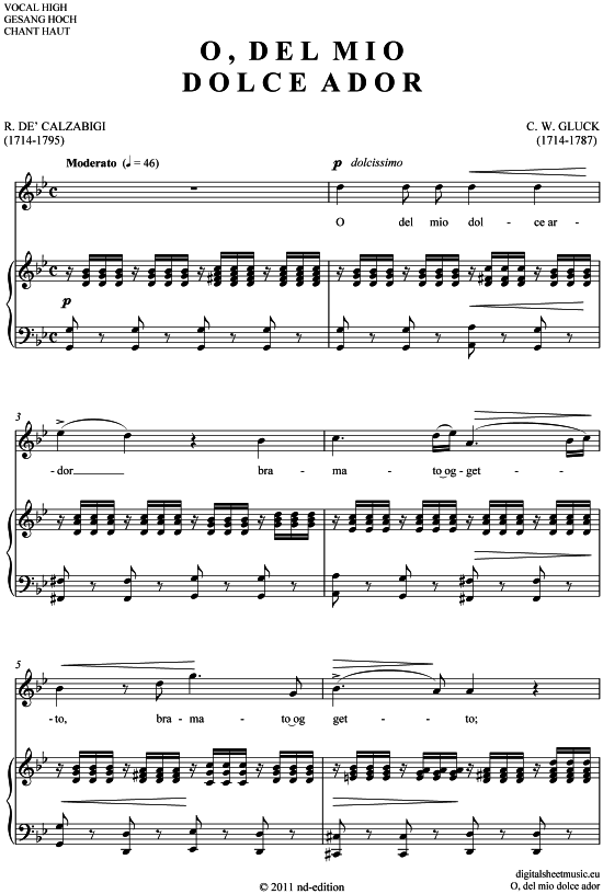 O del mio dolce ador (hoch D - A ) (Klavier  Gesang) von Christoph Willibald Gluck