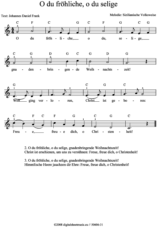 O du fröhliche, o du selige Keyboard PDF Noten von Weihnachtslied in