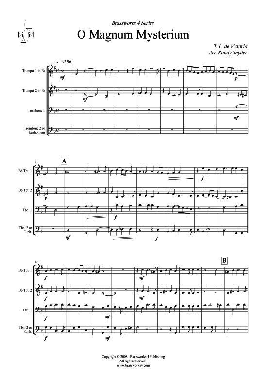 O Magnum Mysterium (2xTromp in B Horn in F (Pos) Pos) (Quartett (Blech Brass)) von Tomas Luis de Victoria