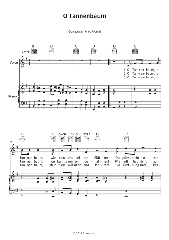 O Tannenbaum Gesang + Klavier, Gitarre PDF Noten von traditional in G Dur 4251133753066