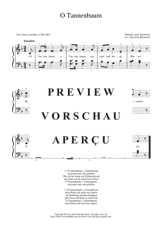 O Tannenbaum Klavier einfach PDF Noten von Traditional in F Dur JFB