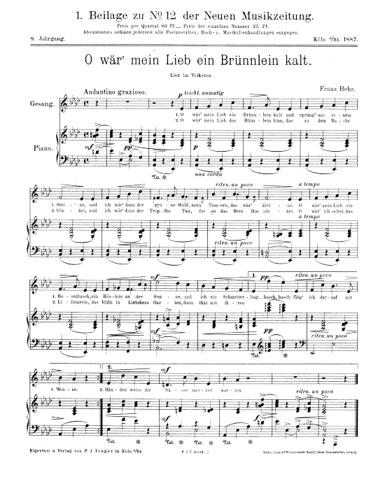 O w r mein Lieb ein Br nnlein kalt (Klavier + Gesang) (Klavier  Gesang) von Franz Behr