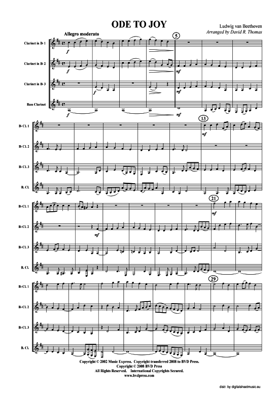 Ode an die Freude (3xKLAR in B Bass-KLAR) (Quartett (Klarinette)) von Ludwig van Beethoven (arr. Thomas)