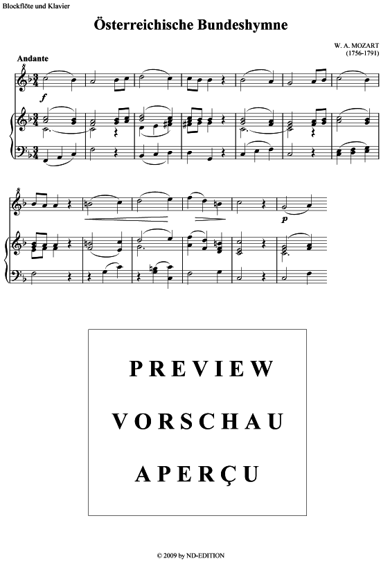  sterreichische Bundeshymne (Blockfl te + Klavier) (Klavier  Blockfl te) von W. A. Mozart