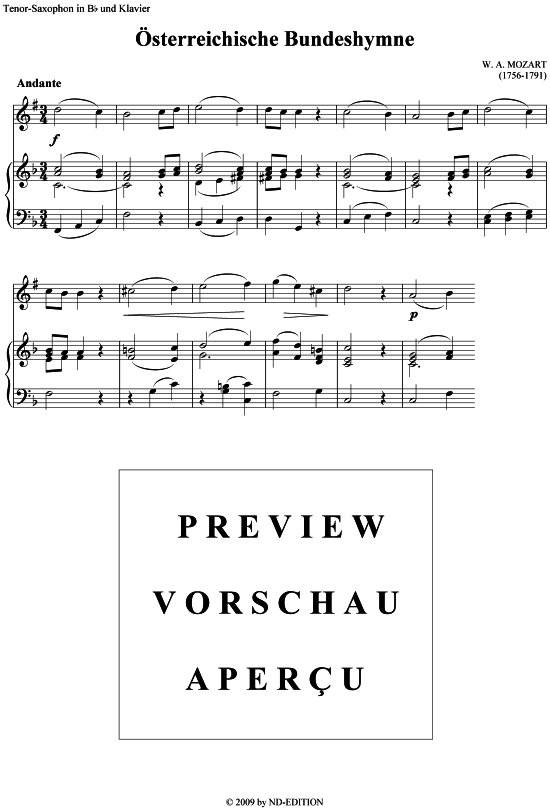  sterreichische Bundeshymne (Tenor-Sax + Klavier) (Klavier  Tenor Saxophon) von W. A. Mozart