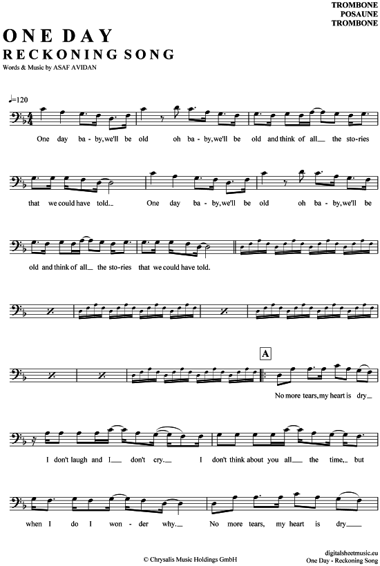 Asaf Avidan One Day Reckoning Song Text One day - Reckoning Song Posaune / Bariton - PDF Noten von Asaf Avidan