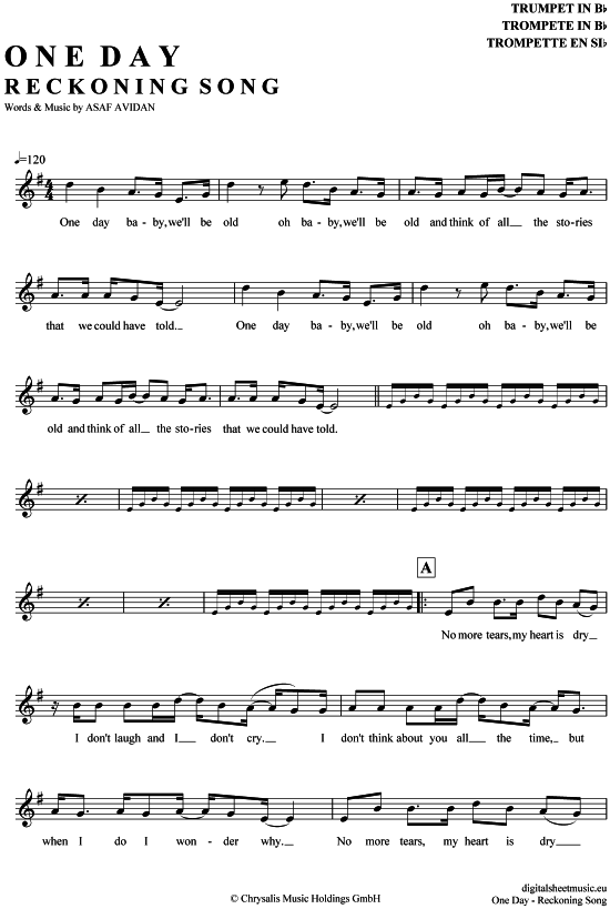 One day - Reckoning Song (Trompete in B) (Trompete) von Asaf Avidan
