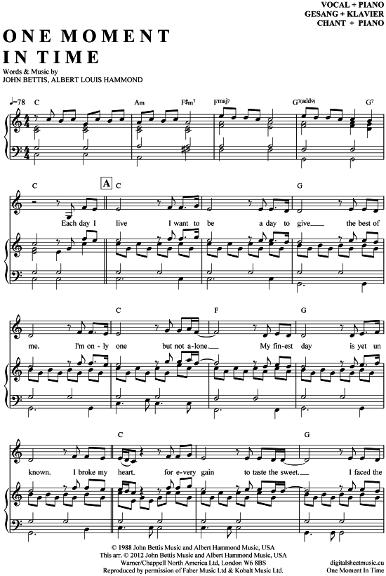 medida Investigación brindis One moment in time Klavier + Gesang - PDF Noten von Whitney Houston in C  Dur - 7070265