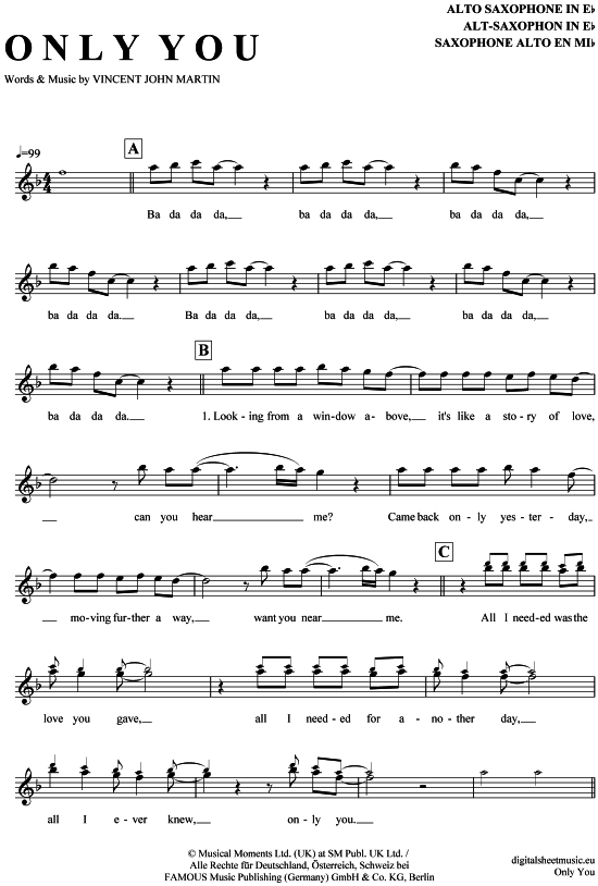 Only you AltSax PDF Noten von The Flying Pickets in F Dur 7110603