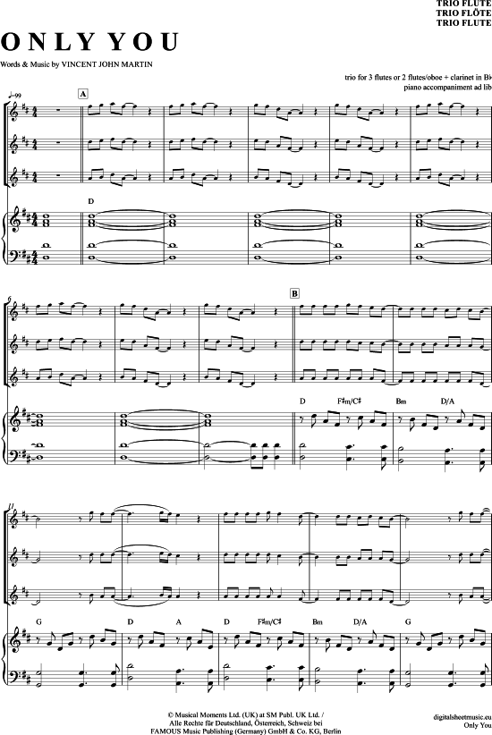 Only You (Fl ten Trio + Klavier-Begleitung) (Trio (Fl te)) von The Flying Pickets (arr. WO)