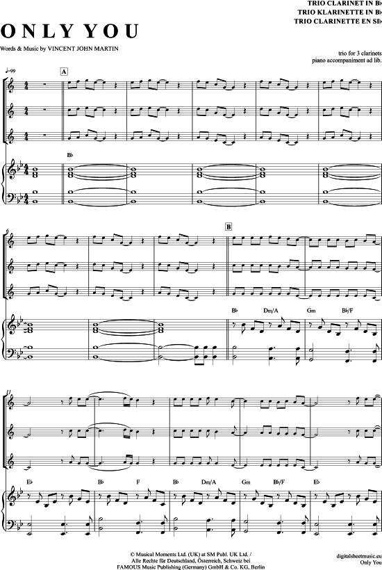 Only You (Klarinetten Trio + Klavier-Begleitung) (Trio (Klarinette)) von The Flying Pickets (arr. WO)