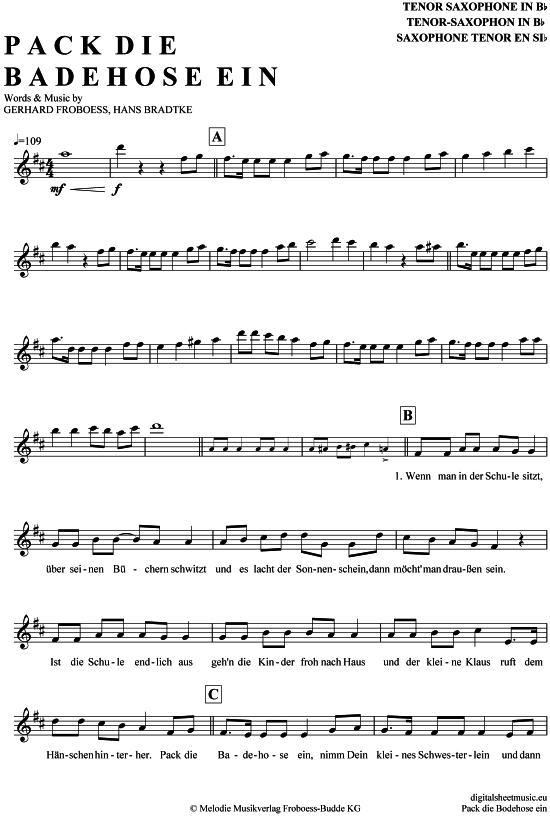 Pack die Badehose ein (Tenor-Sax) (Tenor Saxophon) von Conni Froboess