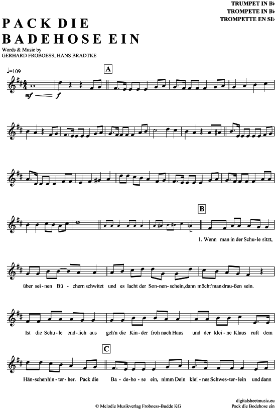 Pack die Badehose ein (Trompete in B) (Trompete) von Conni Froboess