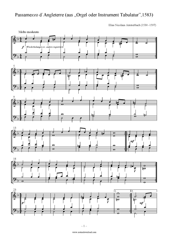 Passamezzo d Angleterre (Orgel Klavier Solo) (Orgel Solo) von Elias Nicolaus Ammerbach