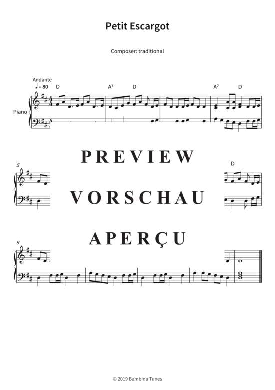 Petit Escargot Klavier Solo PDF Noten von traditional in D Dur