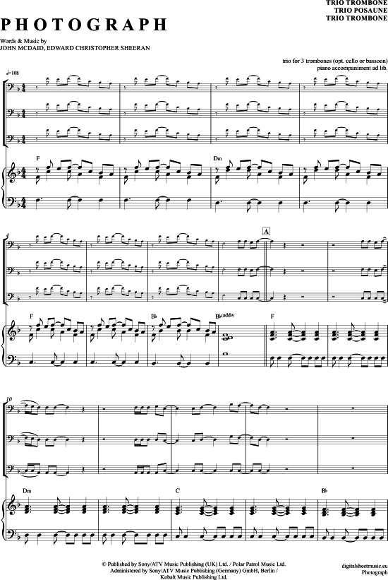 Photograph Posaunen Trio + Klavier PDF Noten von Ed Sheeran in F Dur