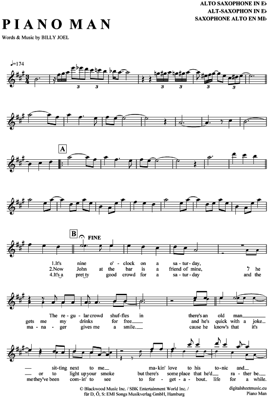 Piano Man (Alt-Sax) (Alt Saxophon) von Billy Joel