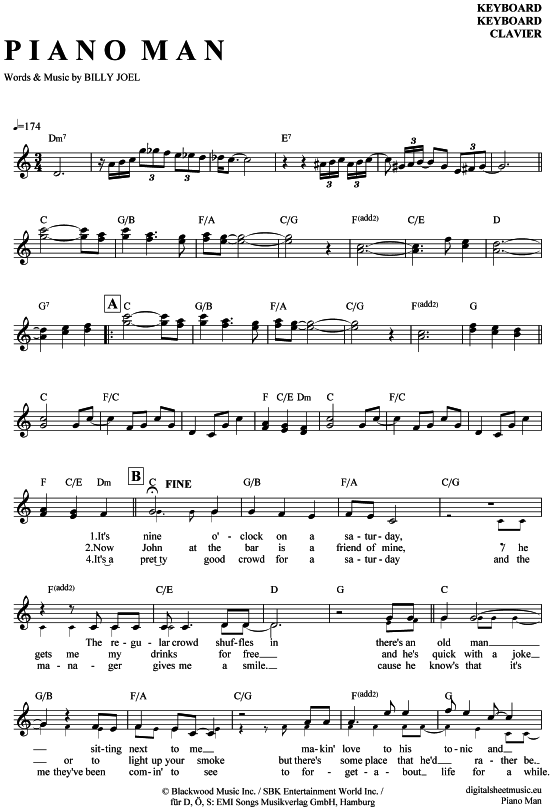 Piano Man Keyboard PDF Noten von Billy Joel in C Dur 7060187