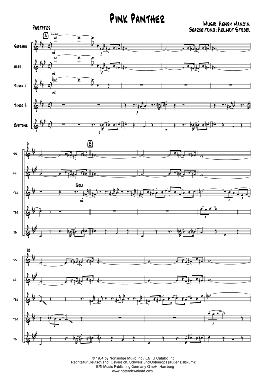 Pink Panther (Saxophon-Quintett A(S)AATB) (Quintett (Saxophon)) von Henry Mancini (arr. Helmut Strobl)