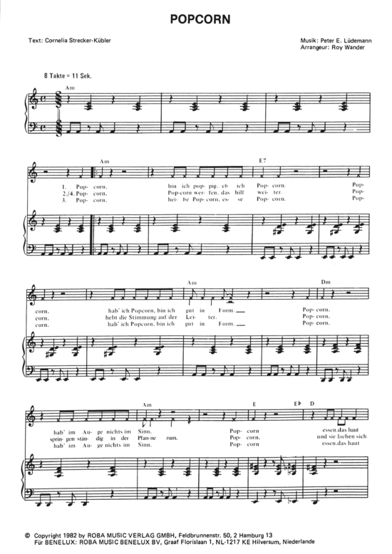 Popcorn Klavier + Gesang - PDF Noten von 1982 in - 9783841864253
