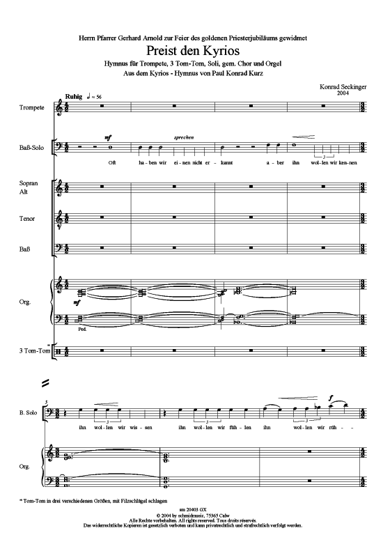 Preist den Kyrios Gesamtpartitur (Gemischter Chor Soli Trompete + Orgel) (Gemischter Chor Soli Orgel) von Konrad Seckinger (2003)