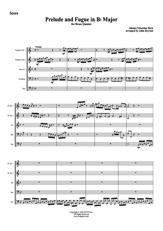 Prelude und Fuge in B-Dur (Blechbl serquintett) (Quintett (Blech Brass)) von J. S. Bach (arr. Beyrent)