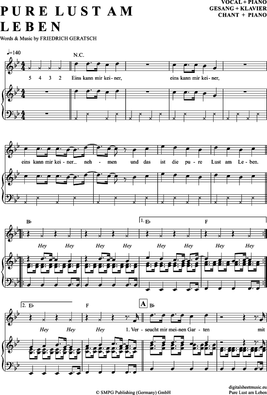 Pure Lust Am Leben Klavier + Gesang PDF Noten von Geier Sturzflug in