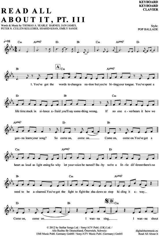 Emeli Sande Read All About It Keyboard Notes Read all about it Pt. III Keyboard - PDF Noten von Emeli Sande in C