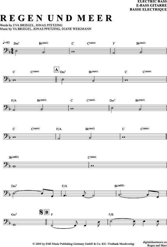 Regen und Meer EBass PDF Noten von Juli in F Dur 7140370