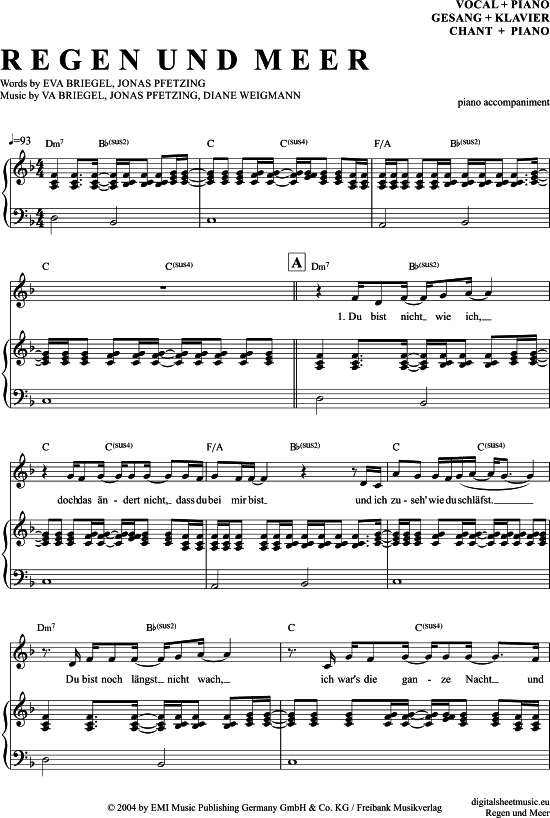 Regen und Meer Klavier Begleitung + Gesang PDF Noten von Juli in F Dur 7070441