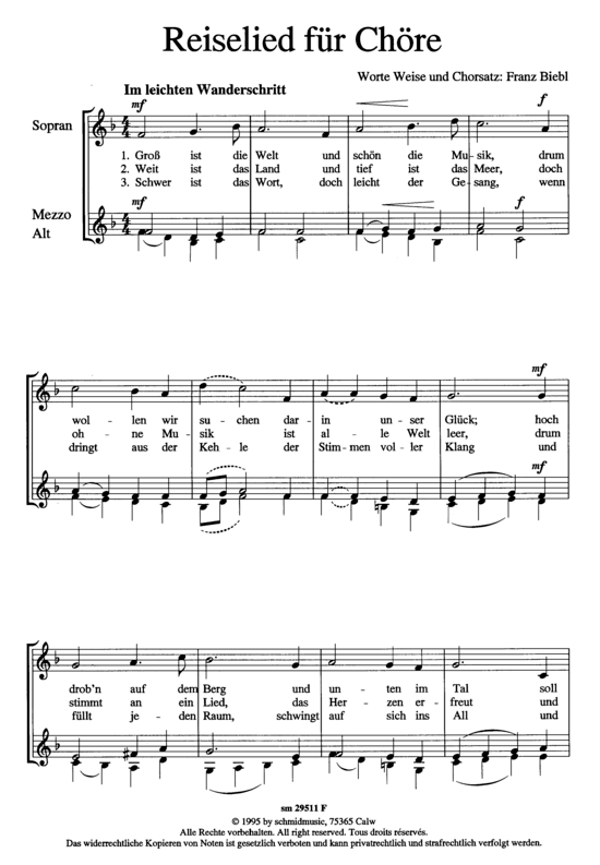 Reiselied f uuml r Ch ouml re (Frauenchor SMA) (Frauenchor) von Franz Biebl