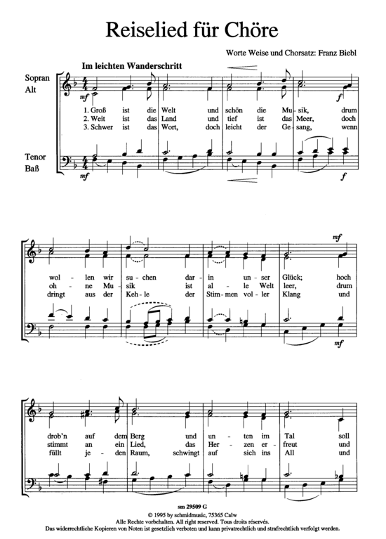 Reiselied f uuml r Ch ouml re (Gemischter Chor) (Gemischter Chor) von Franz Biebl