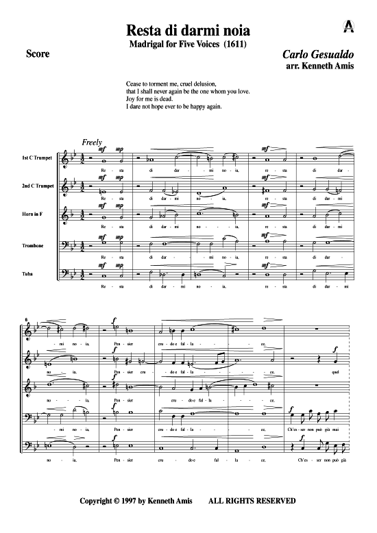 Resta di darmi noia (Blechbl auml serquintett) (Quintett (Blech Brass)) von Carlo Gesualdo (Madrigale 1611)