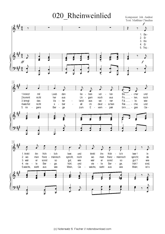 Rheinweinlied (Klavier + Gesang) (Klavier  Gesang) von Joh. Andre  Matthias Claudius