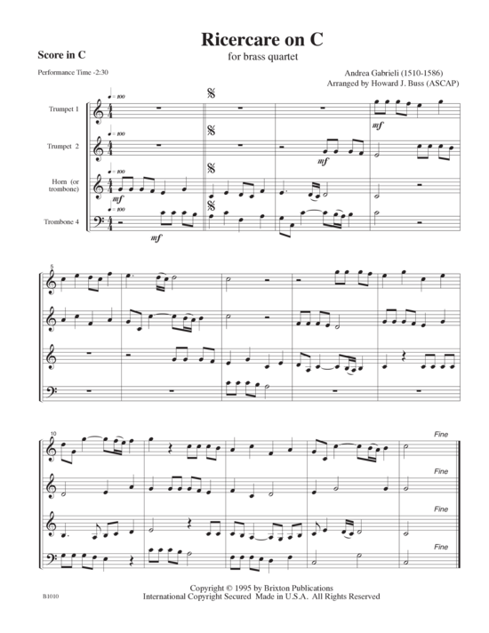 Ricercare on C (Blechbl serquartett T T H P P) (Quartett (Blech Brass)) von Andrea Gabrieli