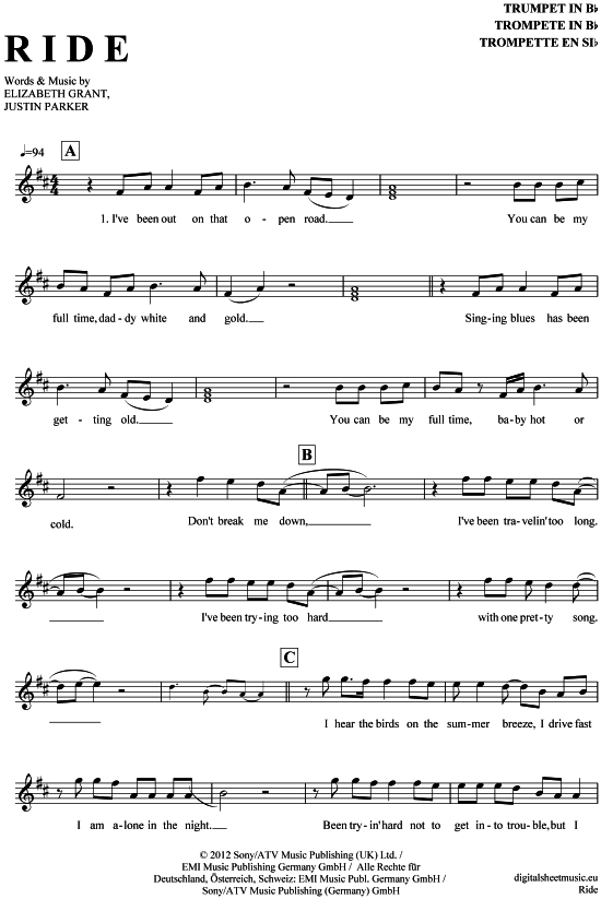Ride (Trompete in B) (Trompete) von Lana del Rey