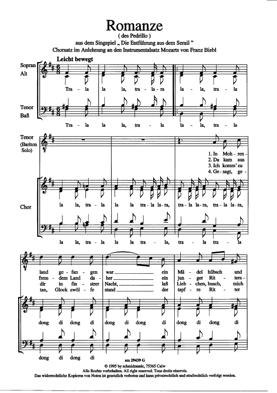 Romanze des Pedrollo (Tenor-Solo + Gemischter Chor) (Gemischter Chor Soli) von W. A. Mozart (bearb. Franz Biebl)