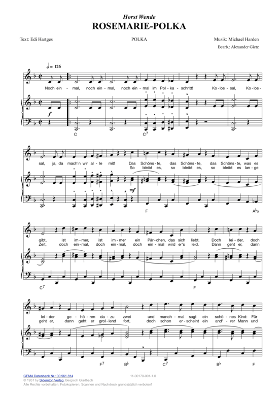 RosemariePolka Klavier + Gesang PDF Noten von Horst Wende in F Dur