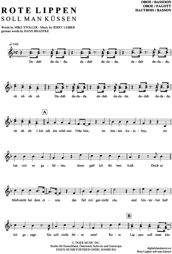 Rote Lippen soll man k uuml ssen (Oboe Fagott) (Oboe Fagott) von Cliff Richard