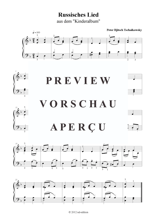 Russisches Lied (Klavier solo einfach bearb.) (Klavier einfach) von Peter Iljitsch Tschaikowsky (bearb. aus Kinderalbum op. 39)