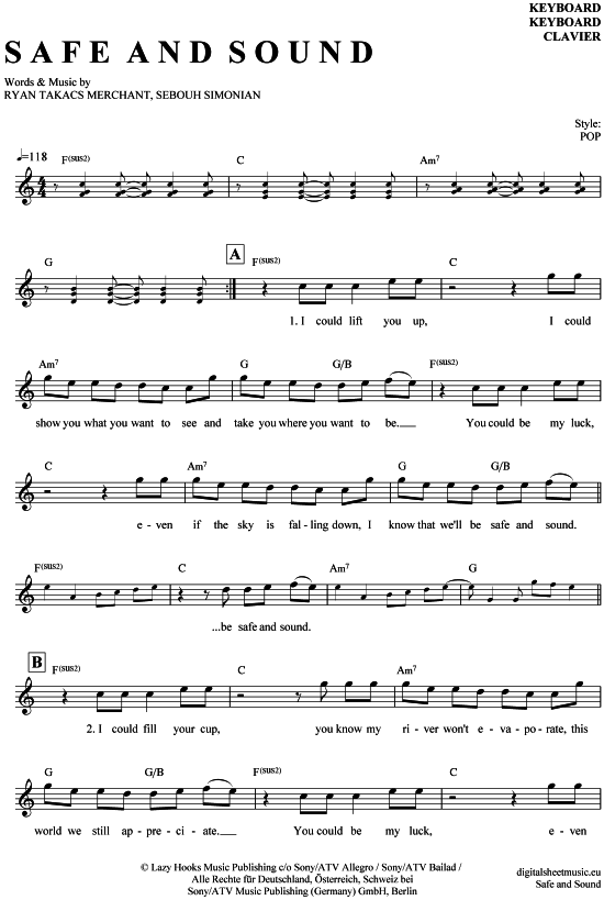 Safe and sound Keyboard PDF Noten von Capital Cities in C Dur 7060295