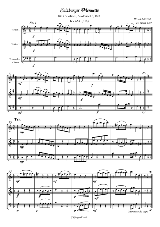 Salzburger Menuette KV 65a (61b) Nr.1 (2x Violine + Cello) (Trio (Streicher)) von Wolfgang Amadeus Mozart