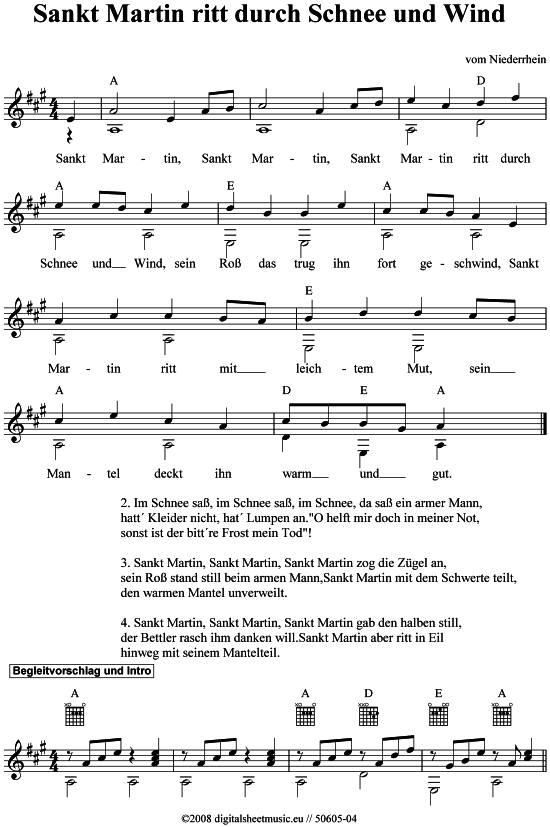 Sankt Martin ritt durch Schnee und Wind - PDF Noten von Martinslied in