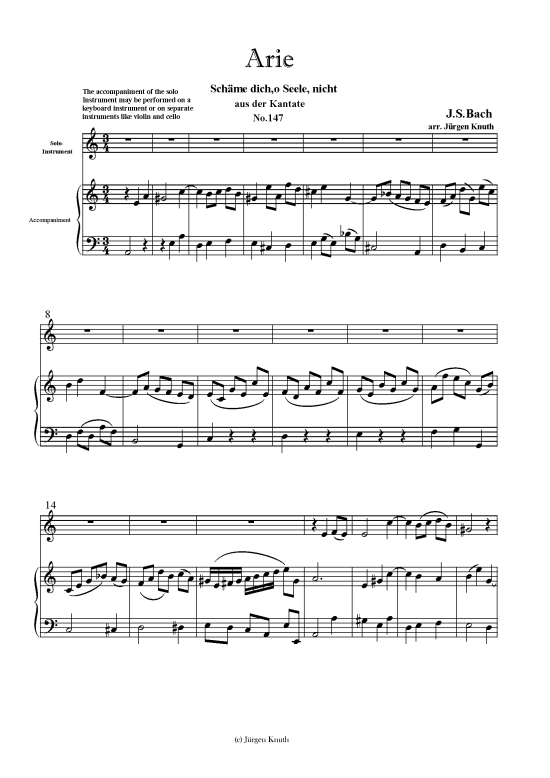 Sch me dich o Seele nicht (Klavier + Melodie in C) (Klavier  Melodieinstr.) von J.-S.Bach (Arie ausBWV 147)