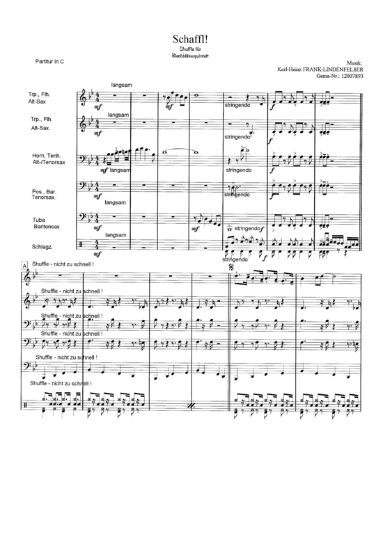 Schaffl - ein Shuffle (Quintett + Schlagzeug jede Stimme in C B Es) (Quintett (Blech Brass)) von Karl-Heinz Frank-Lindenfelser