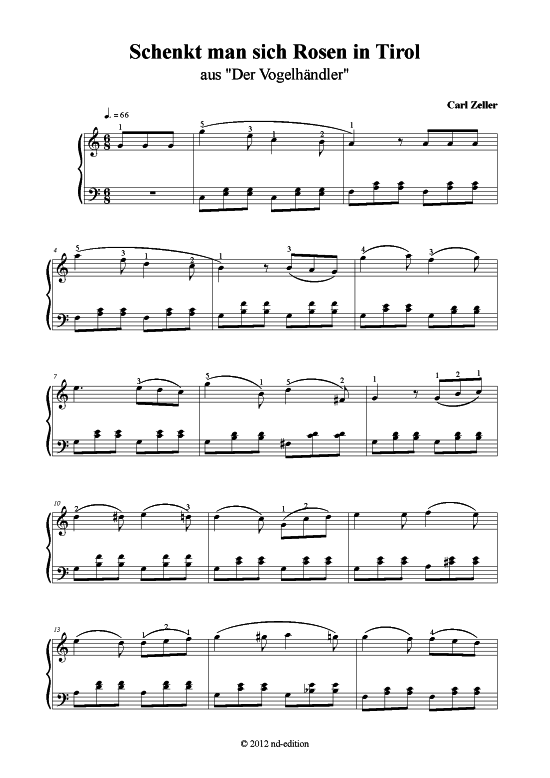 Schenkt man sich Rosen in Tirol (Klavier solo leicht) (Klavier einfach) von Carl Zeller (bearb. aus Der Vogelh ndler 1891)