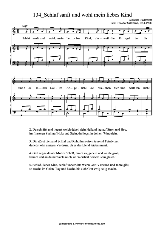 Schlaf sanft und wohl mein liebes Kind (Klavier + Gesang) (Klavier  Gesang) von Gie ener Liederblatt Satz Theodor Salzmann 1854-1928 